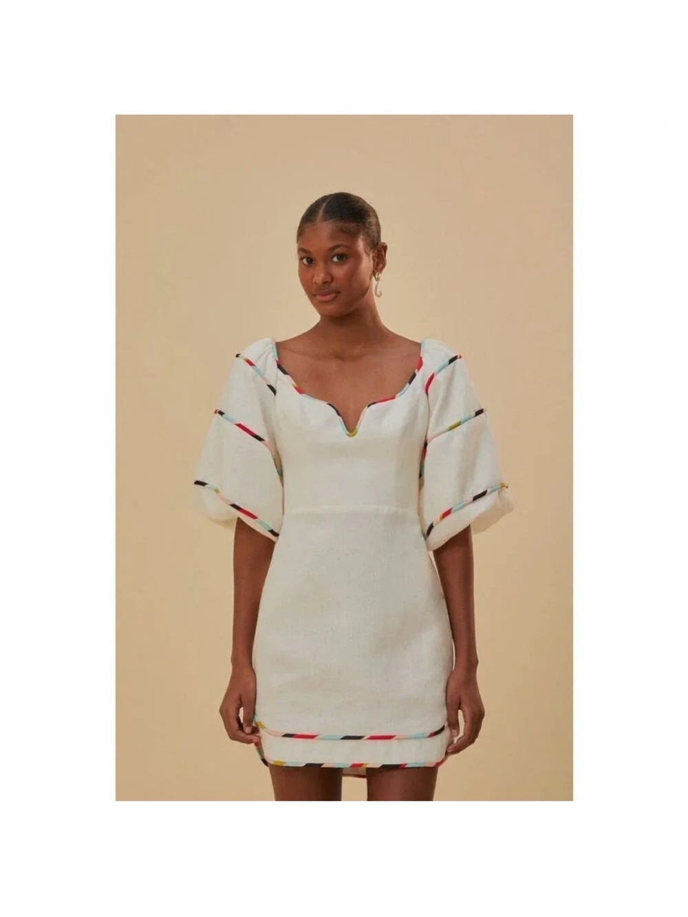 FARM Rio White Puff-Sleeve Mini Linen Dress size XS
